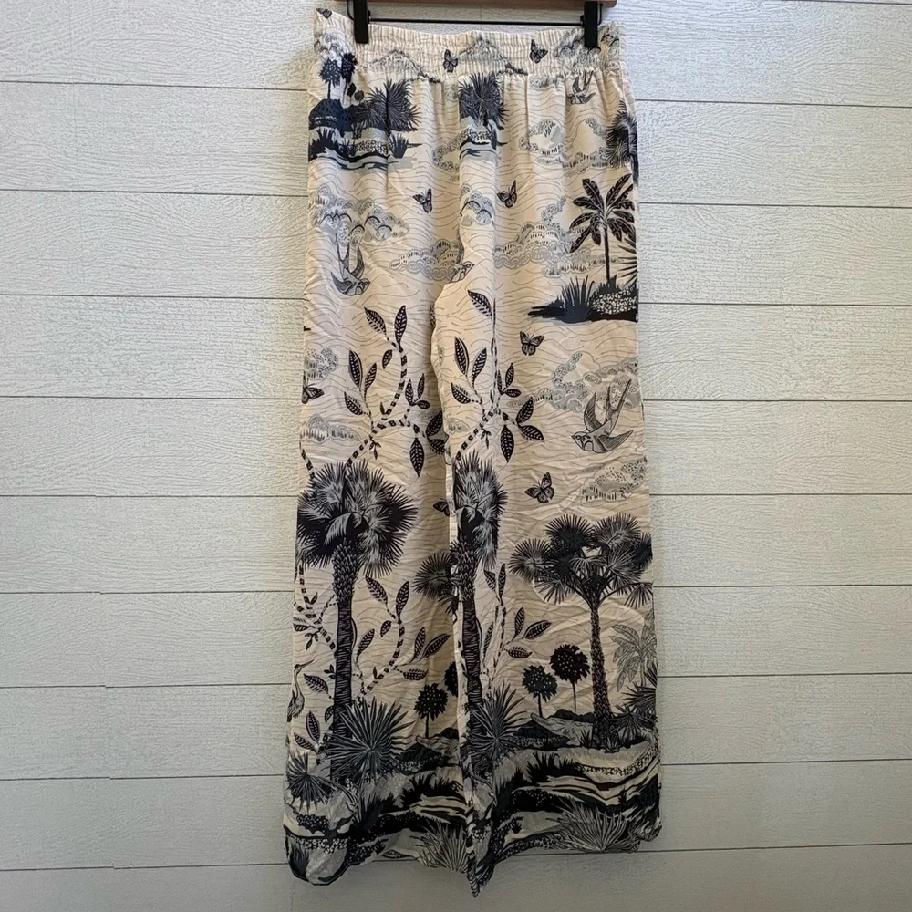Spartina 449 Maude Palazzo Wide-Leg Pants Tropical Landscape Print Cream Navy, L - Picture 8 of 15